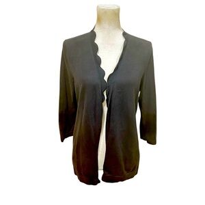 Talbots Black Knit scalloped edge open front Cardigan 3/4 sleeves cotton medium